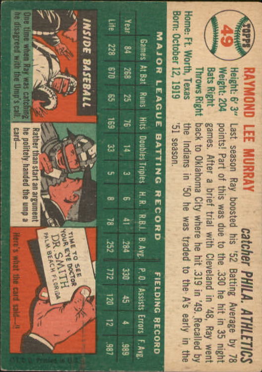 1954 Topps #49 Ray Murray back image