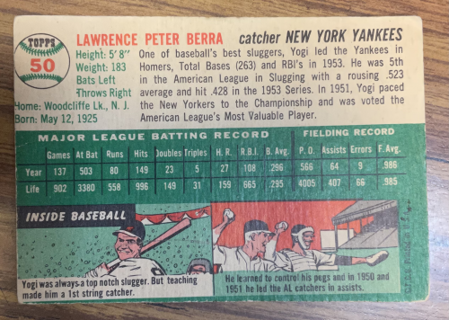 1954 Topps #50 Yogi Berra back image