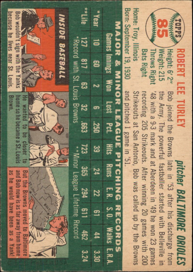 1954 Topps #85 Bob Turley RC back image