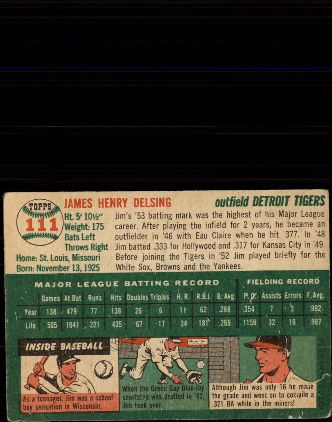 1954 Topps #111 Jim Delsing back image