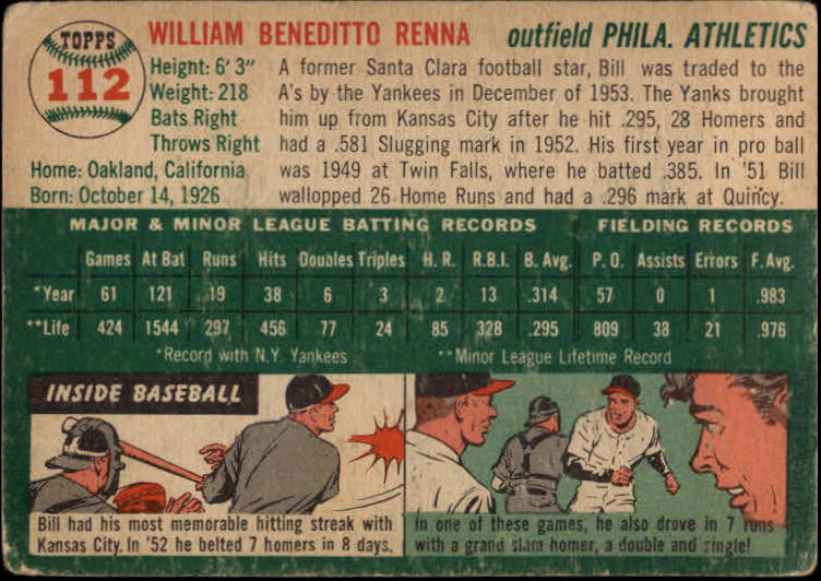 1954 Topps #112 Bill Renna RC back image
