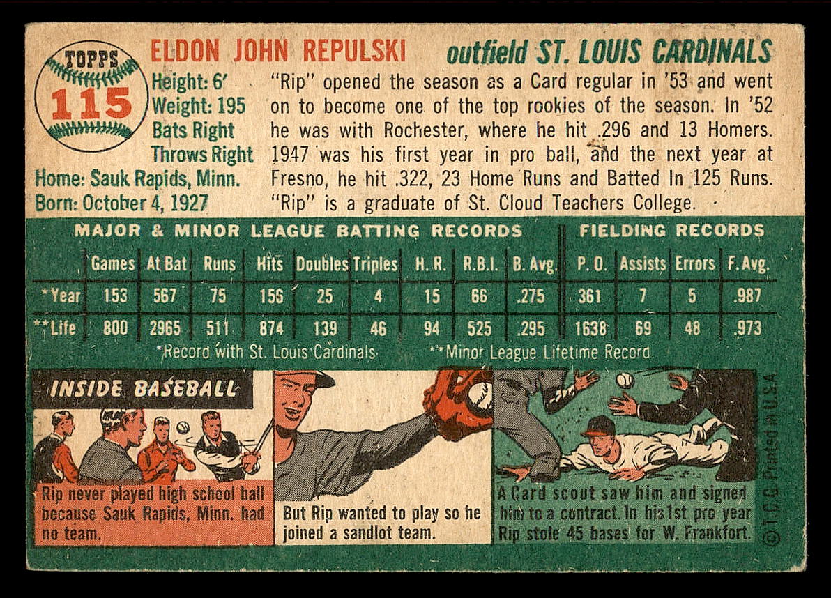 1954 Topps #115 Rip Repulski back image