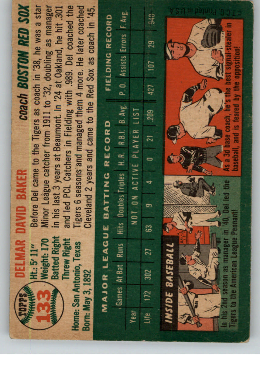 1954 Topps #133 Del Baker CO back image