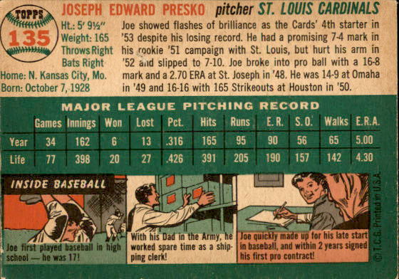 1954 Topps #135 Joe Presko back image