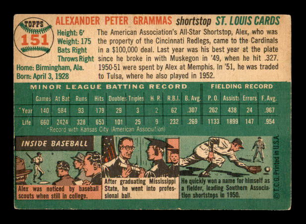1954 Topps #151 Alex Grammas RC back image
