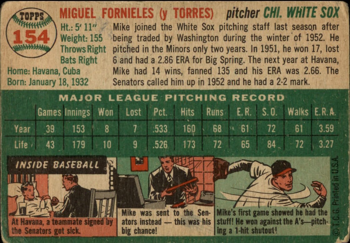 1954 Topps #154 Mike Fornieles RC back image