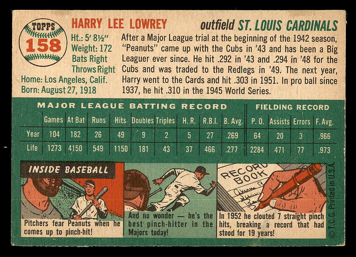 1954 Topps #158 Peanuts Lowrey back image