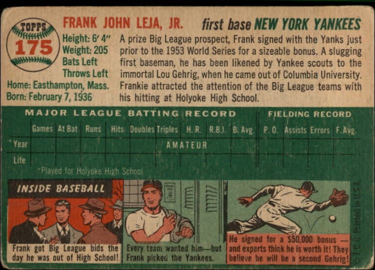 1954 Topps #175 Frank Leja RC back image