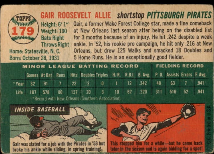 1954 Topps #179 Gair Allie RC back image