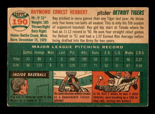 1954 Topps #190 Ray Herbert RC back image