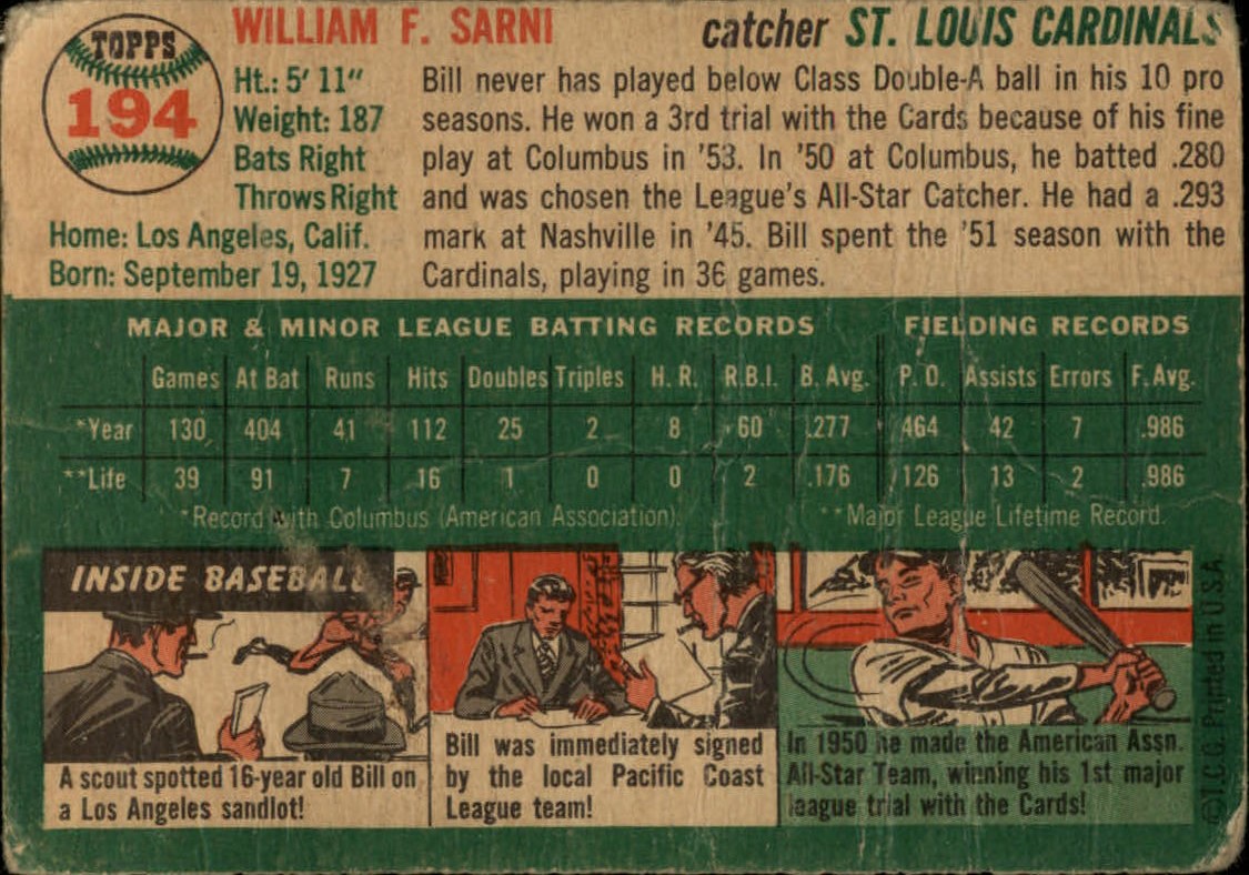 1954 Topps #194 Bill Sarni RC back image