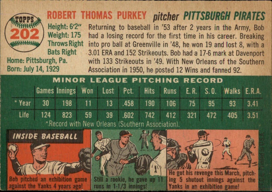 1954 Topps #202 Bob Purkey RC back image