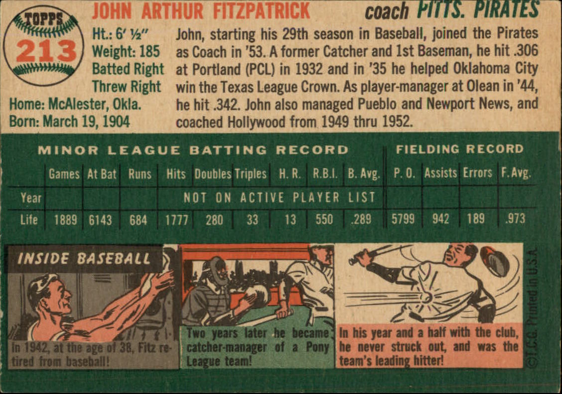 1954 Topps #213 Johnny Fitzpatrick CO RC back image