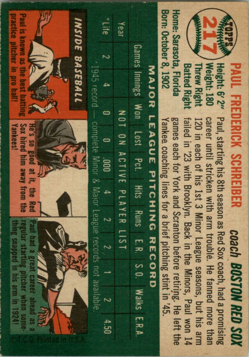 1954 Topps #217 Paul Schreiber CO RC back image