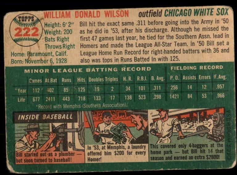 1954 Topps #222 Bill Wilson RC back image
