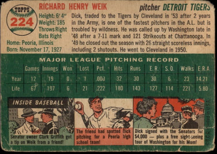 1954 Topps #224 Dick Weik RC back image