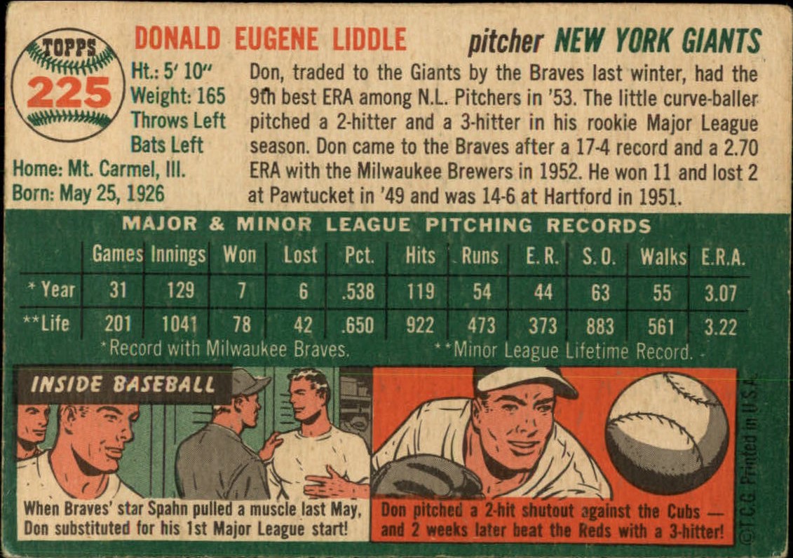 1954 Topps #225 Don Liddle RC back image