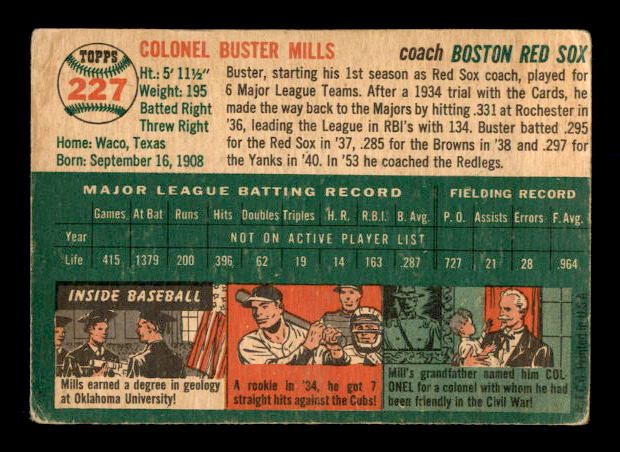 1954 Topps #227 Buster Mills CO RC back image
