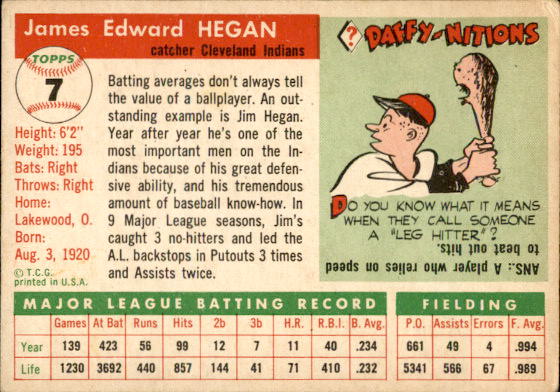 1955 Topps #7 Jim Hegan back image