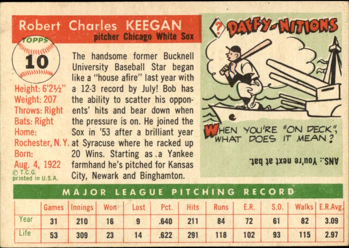 1955 Topps #10 Bob Keegan back image