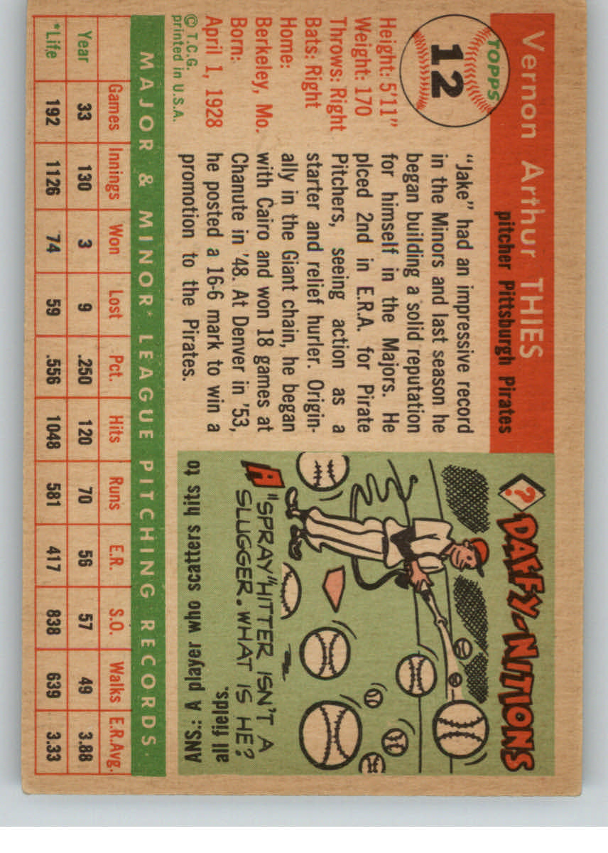 1955 Topps #12 Vernon Jake Thies RC back image