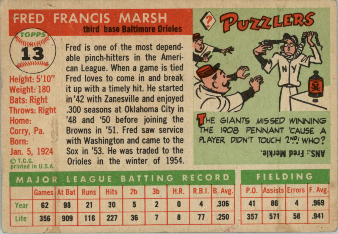 1955 Topps #13 Fred Marsh back image