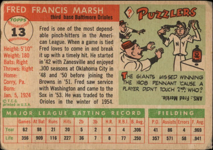 1955 Topps #13 Fred Marsh back image