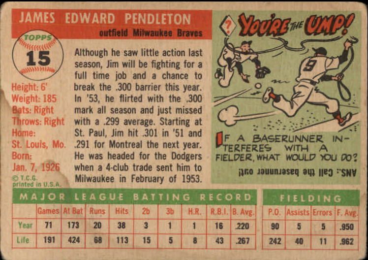 1955 Topps #15 Jim Pendleton back image