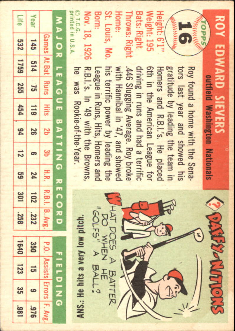 1955 Topps #16 Roy Sievers back image