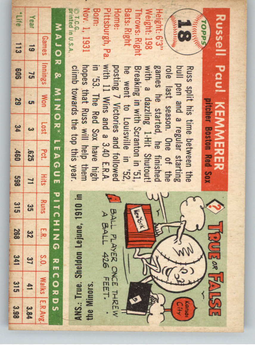 1955 Topps #18 Russ Kemmerer RC back image