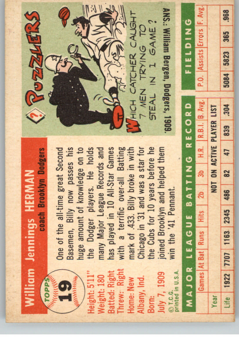 1955 Topps #19 Billy Herman CO back image