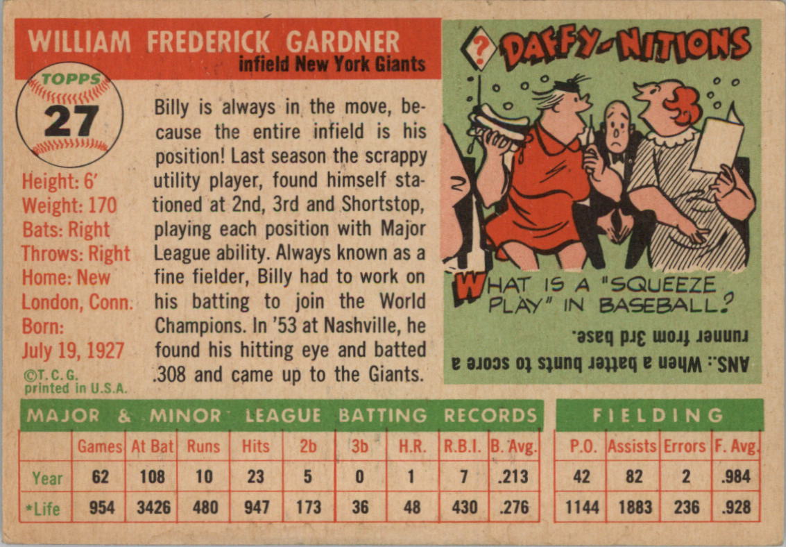 1955 Topps #27 Billy Gardner RC back image