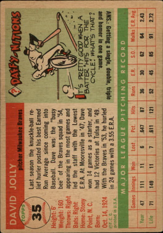 1955 Topps #35 Dave Jolly back image
