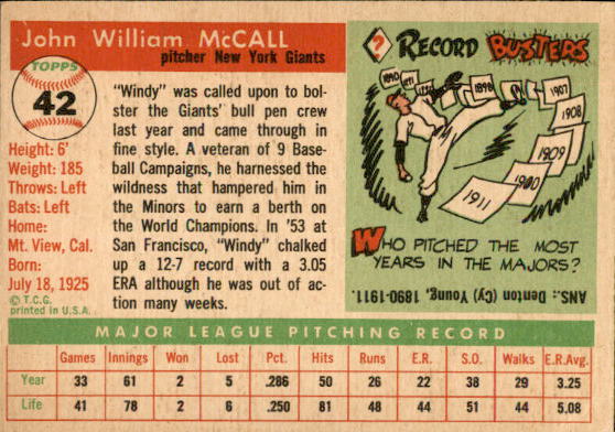 1955 Topps #42 John Windy McCall RC back image