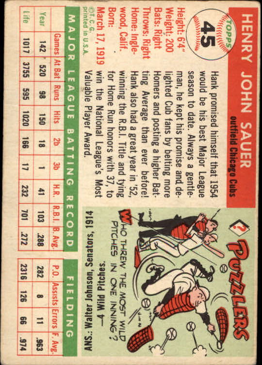1955 Topps #45 Hank Sauer back image