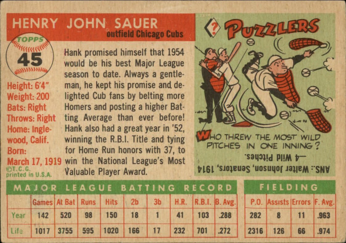 1955 Topps #45 Hank Sauer back image