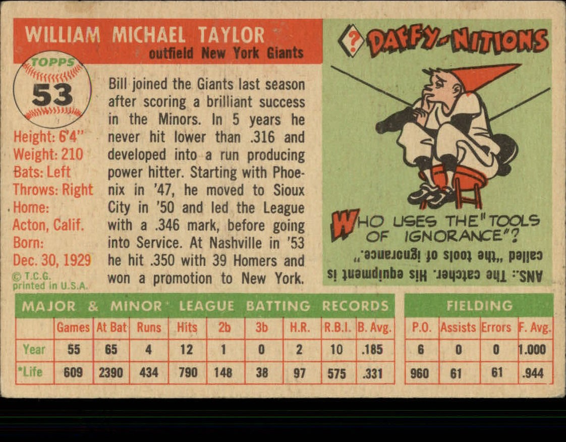 1955 Topps #53 Bill Taylor back image