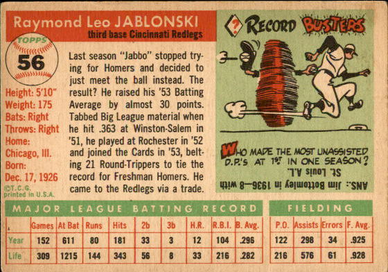 1955 Topps #56 Ray Jablonski back image