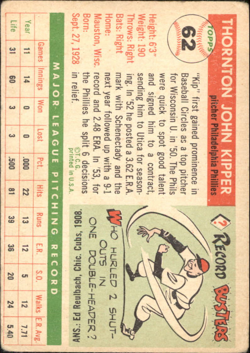 1955 Topps #62 Thornton Kipper back image