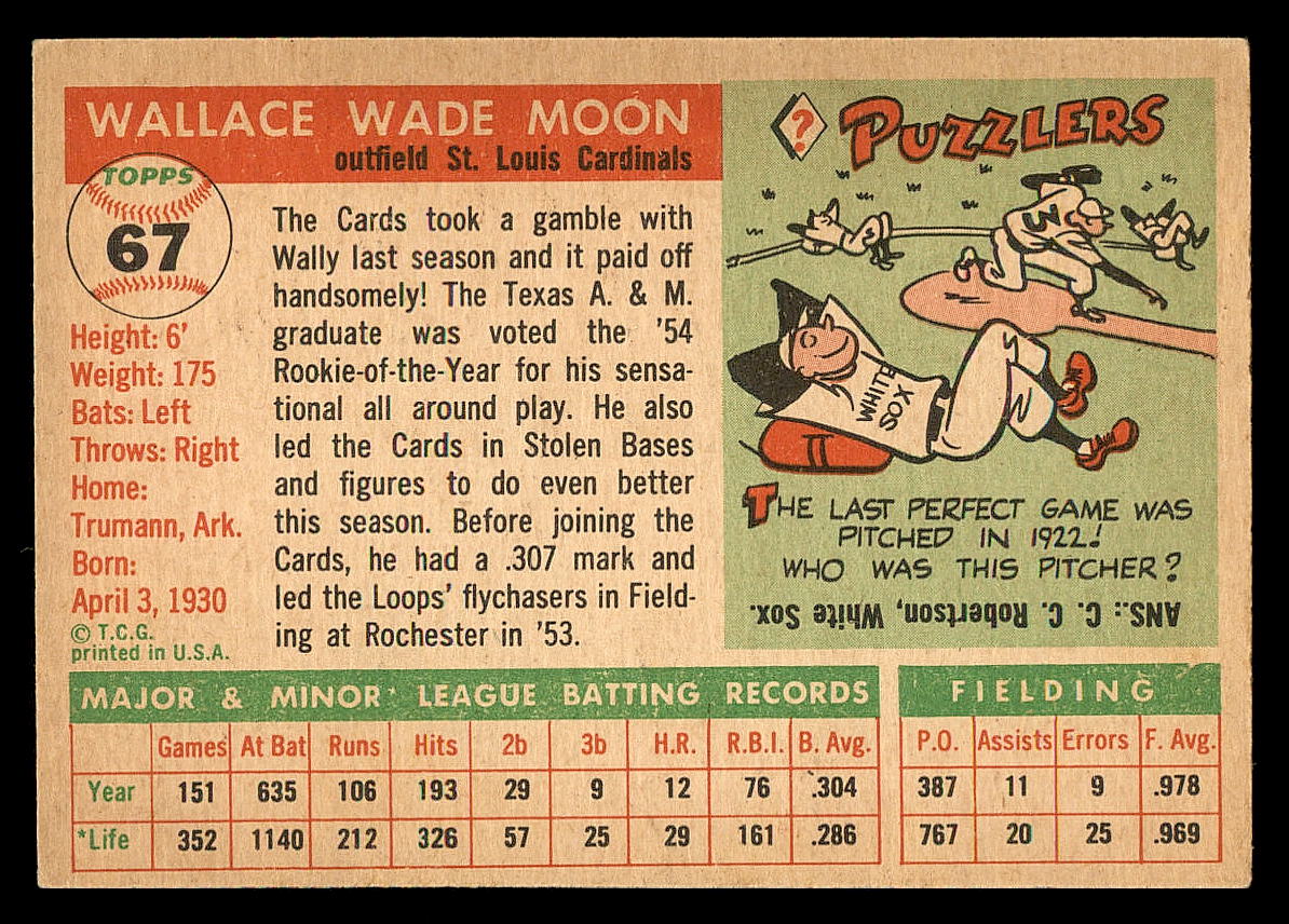 1955 Topps #67 Wally Moon - Scan of the actual card you'll receive - NM