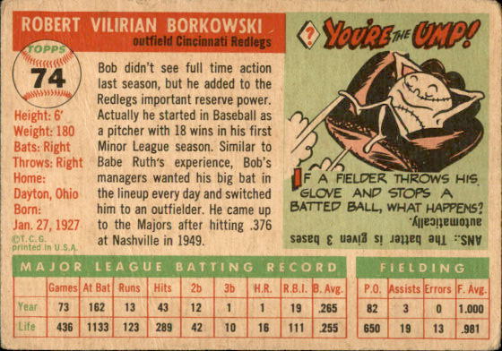 1955 Topps #74 Bob Borkowski back image