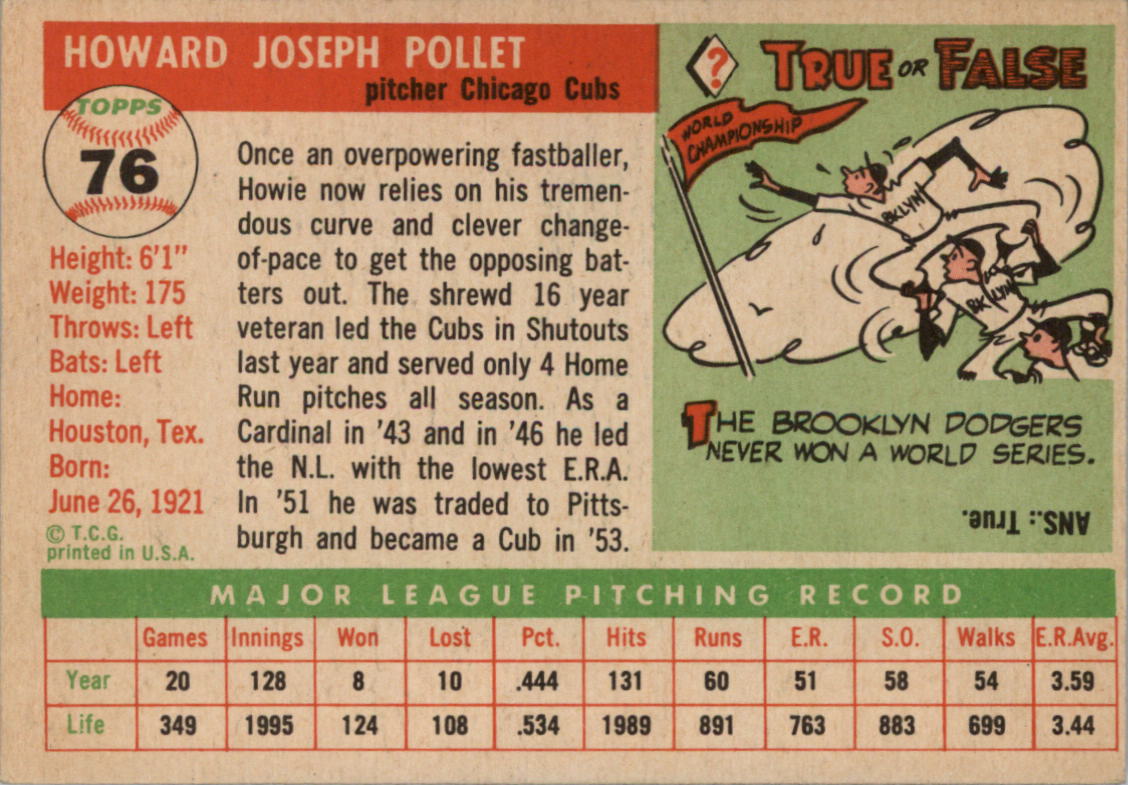 1955 Topps #76 Howie Pollet back image