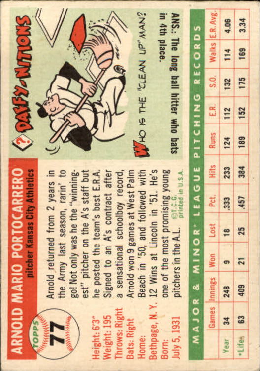 1955 Topps #77 Arnie Portocarrero back image