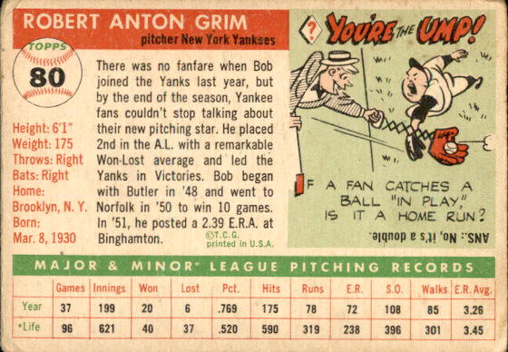 1955 Topps #80 Bob Grim RC back image