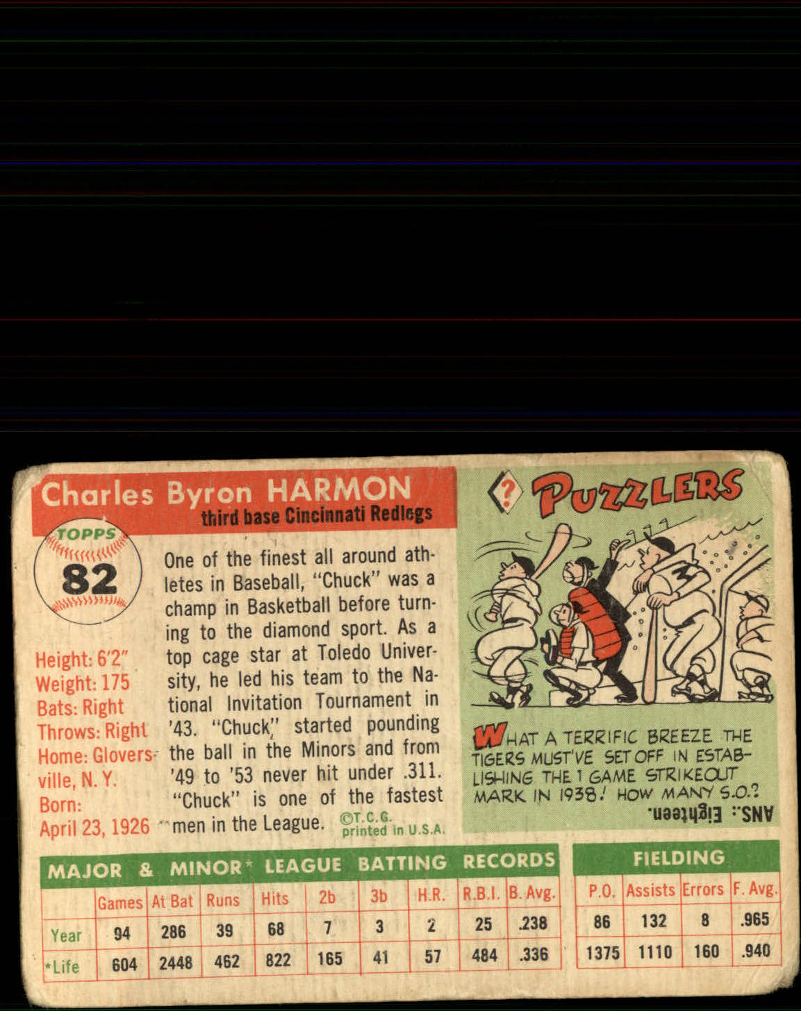 1955 Topps #82 Chuck Harmon back image