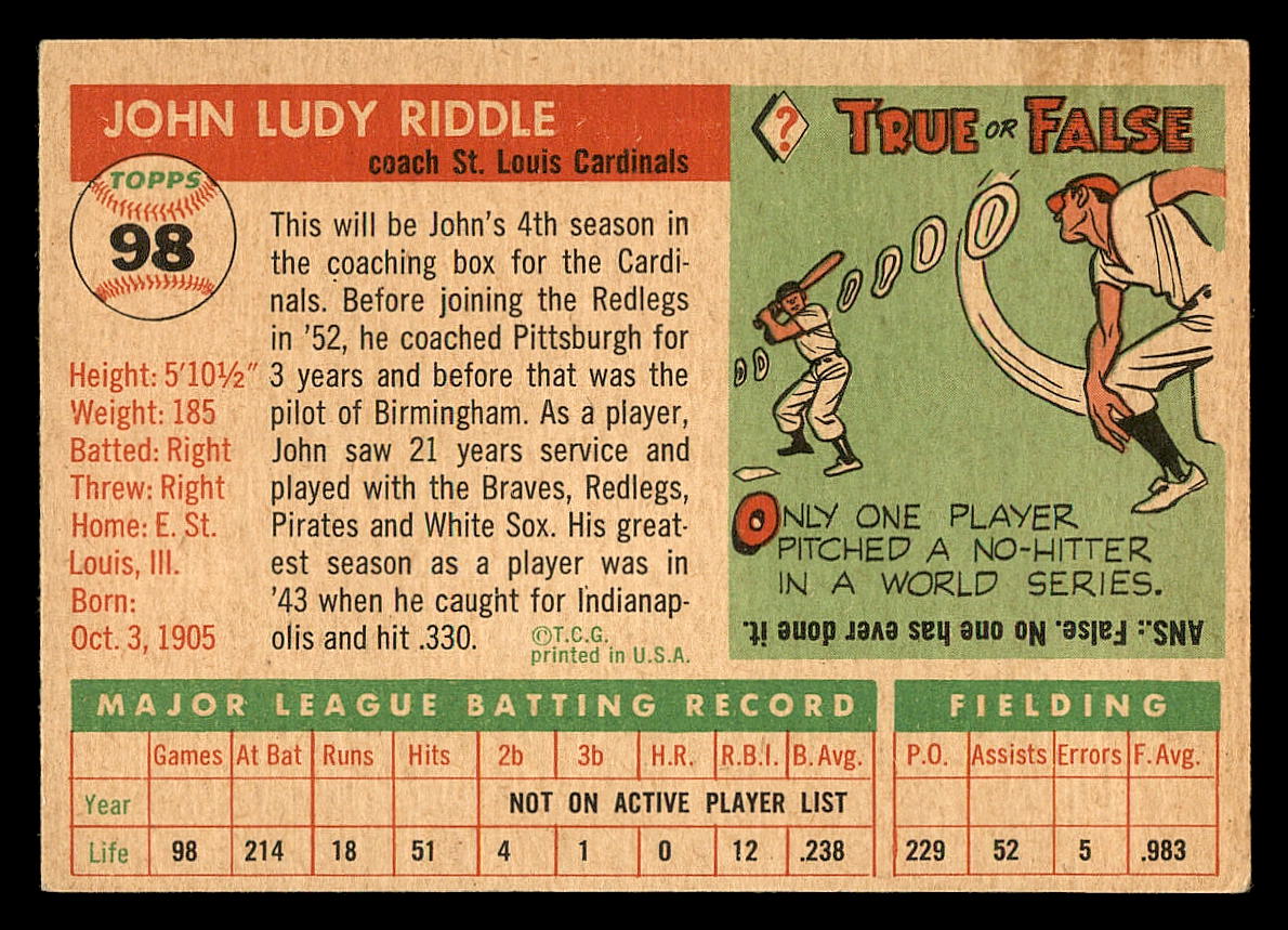 1955 Topps #98 John Riddle CO back image