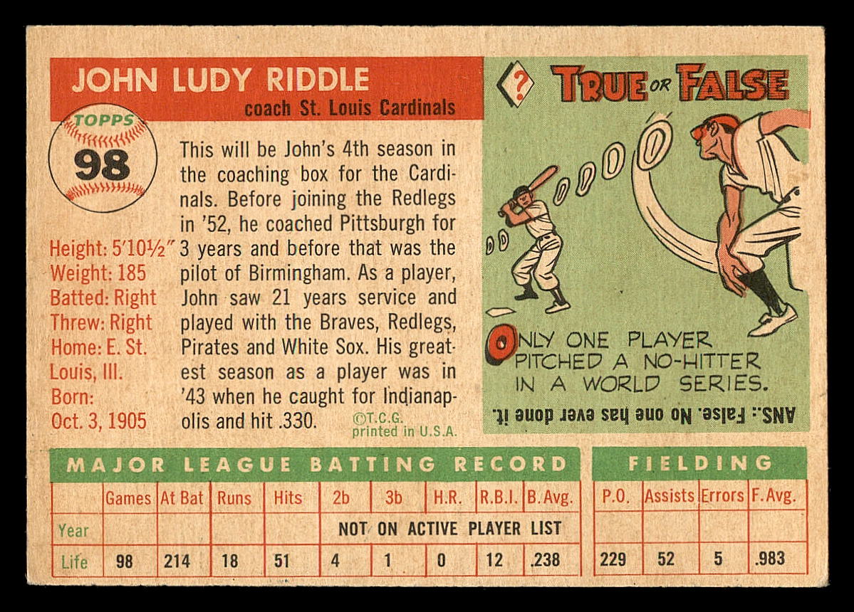 1955 Topps #98 John Riddle CO back image
