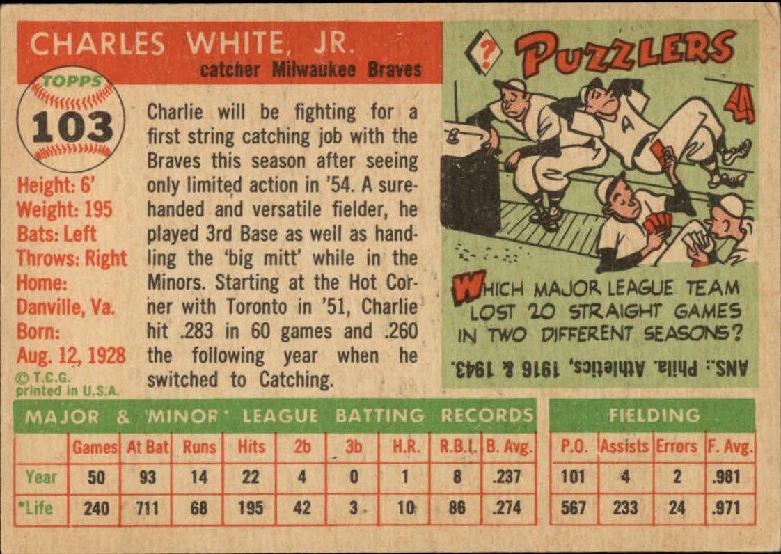 1955 Topps #103 Chuck White RC back image
