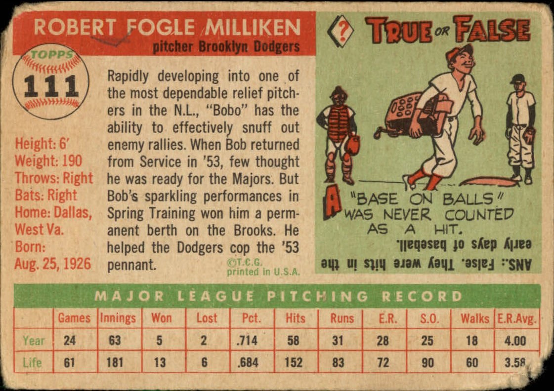 1955 Topps #111 Bob Milliken back image