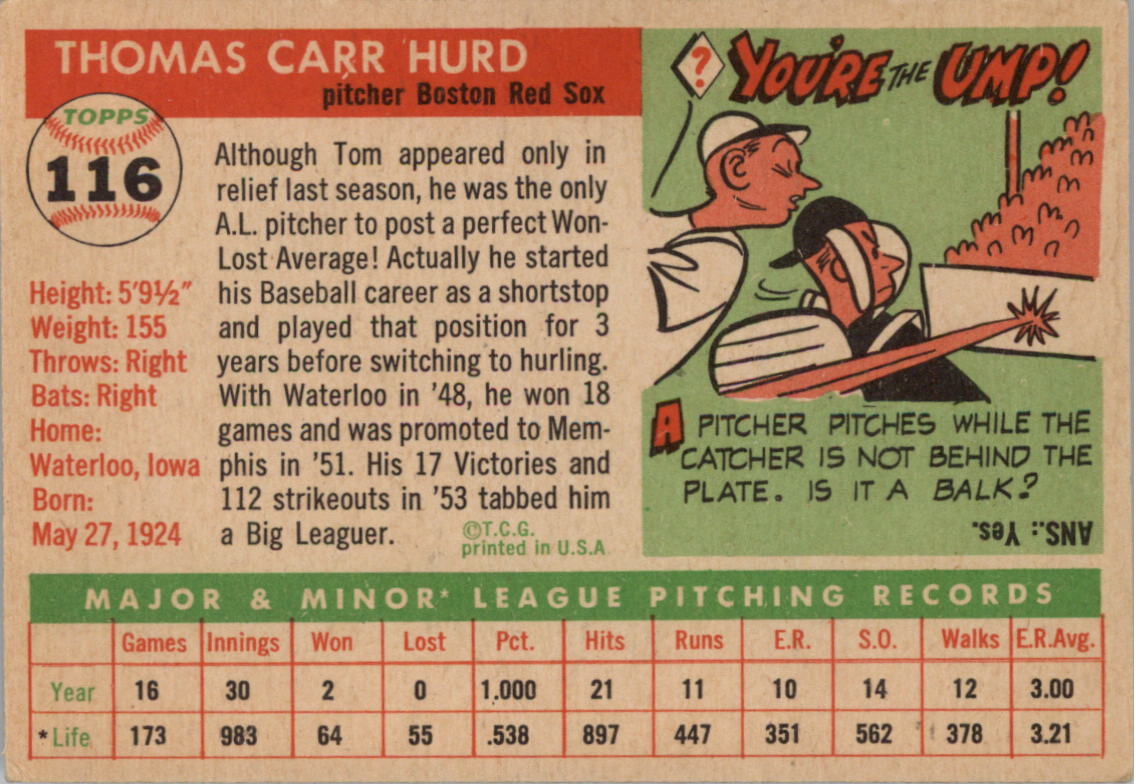 1955 Topps #116 Tom Hurd RC back image